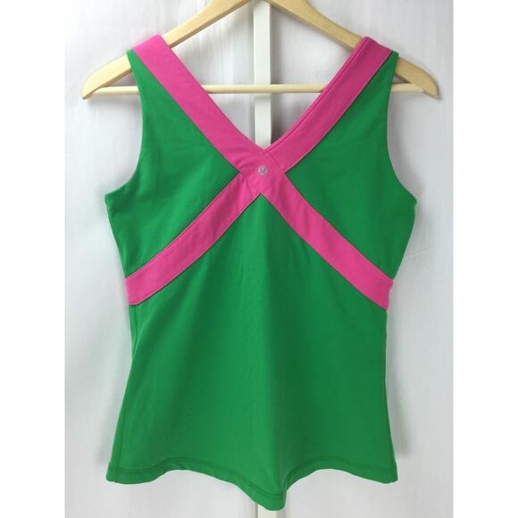 Lululemon Fittness Yoga Running Green & Pink Tank Top Fitted Stetch Style Sz 4 6 - Picture 4 of 4